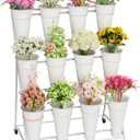 Flower Stand, 3 Tier Flower Display Stand with 12 Buckets, Upgrade Double Circle No Shaking, Outdoor Flower Cart with Wheels for Patio, Garden, Shop, Wedding, Party, Exhibition, Indoor, White