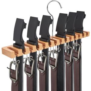 Belt Hanger Organizer for Closet: Ohuhu 2 in 1 Wall Mount Hanger 14 Slots+13 Hooks Storage Wooden Belt Organization 360 Degree Rotating Belt Display Holder for Belt Tie Scarf Accessories, 1 pack