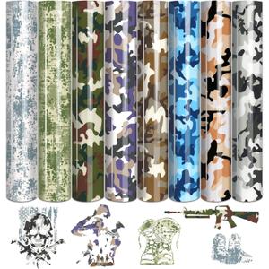 Tintnut Camo Heat Transfer Vinyl - 8 Sheets 12 x 10 inch PU Army Pattern Iron on Vinyl Camouflage Pattern Printed HTV DIY T-Shirt Canvas Bags for Cricut or Silhouette Cameo