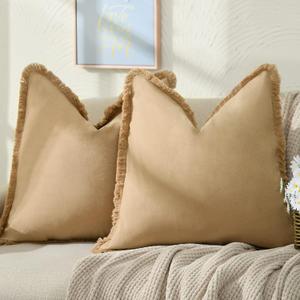 ZWJD Pillow Covers 20x20 Set of 2 Khaki Throw Pillow Covers with Fringe Chic Cotton Decorative Pillows Square Cushion Covers for Sofa Couch Bed Living Room Farmhouse Boho Decor