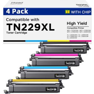 Compatible TN229XL TN229 Toner Cartridges for MFC-L3780CDW HL-3280CDW Replacement with Brother TN229XL TN-229XL TN-229 229XL Work with MFC-L3720CDW HL-L3220CDW HL-L3300CDW Printers (4 Pack, Bk/C/M/Y)