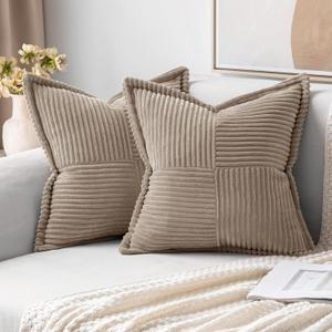 MIULEE Light Brown Corduroy Pillow Covers 18x18 Inch with Splicing Set of 2 Soft Boho Striped Pillow Covers Broadside Decorative Textured Pillowcases for Couch Cushion Bed Livingroom