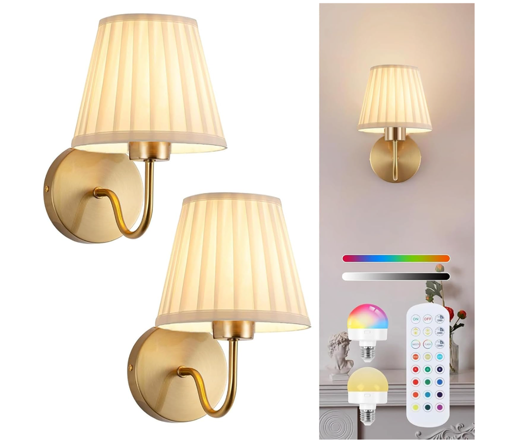 Vintage Battery Operated Wall Sconces Set of 2, Pleated Fabric Shade Gold Wall Lamp with Remote Control, Cordless Rechargeable Wall Sconces Fixtures for Bedroom, Living Room, Beside (2 Bulbs Included)