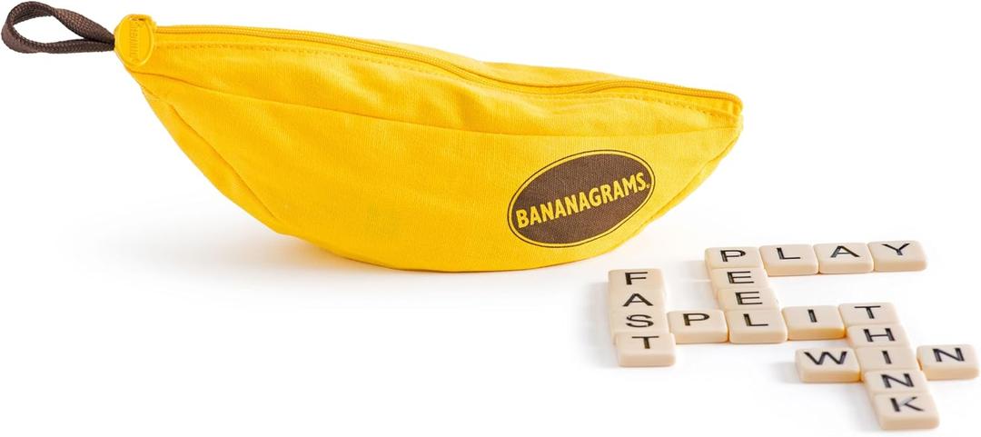Bananagrams Classic Word Game  Fast-Paced Spelling & Anagram, Family & Travel Game , 144 Letter Tiles in Portable Banana Pouch, 18 Players, Educational Wordplay Fun for Ages 7+