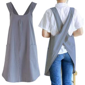 Cotton Linen Cross Back Apron for Women Japanese Cute Kitchen Cooking Aprons Solid Color with Pockets Gardening Painting