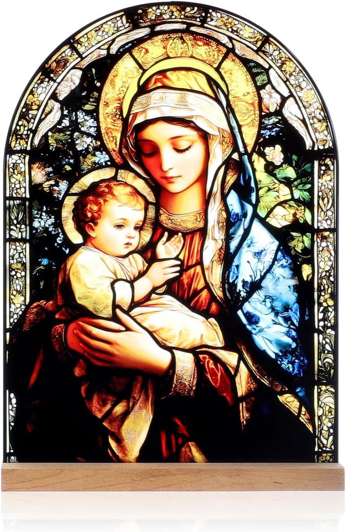 KOMI Madonna and Child Icon Virgin Mary Christ Jesus Catholic Ornament Statue Tabletop Decor Acrylic Standing Home Altar Decor Christian Gifts