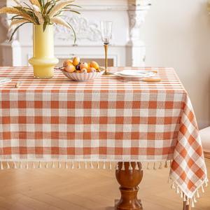 Checkered Fall Tablecloth Rectangle Cotton Linen Gingham Table Cloth with Tassel Washable Wrinkle Free Heavy Duty Buffalo Plaid Table Cover for Dining/Party/Picnic (Orange, 55" x 120" (Rectangular))