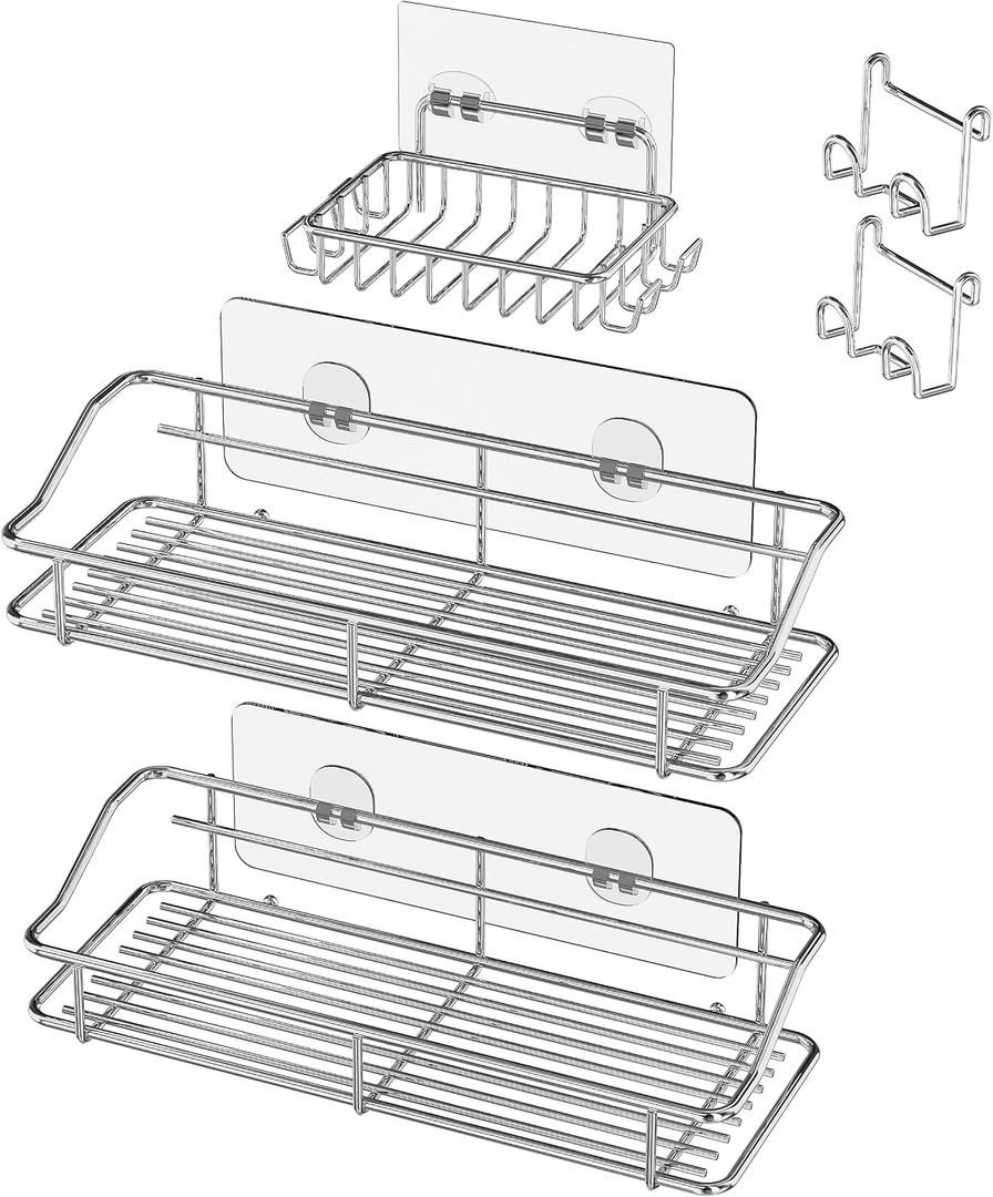 Nieifi Shower Caddy Shelf with Hooks Storage Rack Organizer Adhesive Stainless Steel without Drilling for Bathroom, Lavatory, Washroom, Restroom, Shower, Toilet, Kitchen (Sliver, 3 Pack)