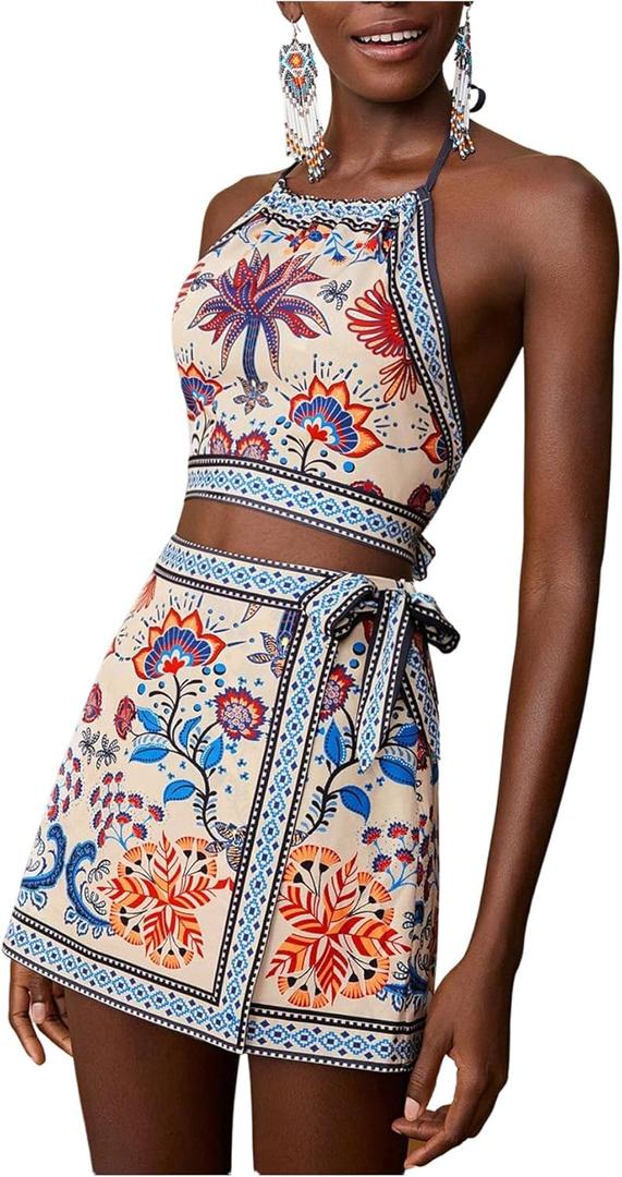 MakeMeChic Women's Boho 2 Piece Outfit Halter Backless Crop Tops and Wrap Skirt Skorts Travel Vacation Summer Set (M)
