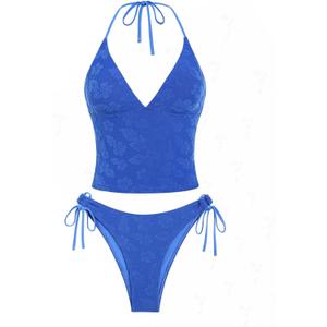 seamoly Women's Tankinis Striped Halter String Tie Side 2 Piece Tankini Sets Swimsuit (Medium, Blue-06)