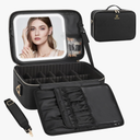 Relavel Makeup Bag with LED Mirror Travel Train Case Large Cosmetic Bags Organizer with Lighted Up Mirror with 3 Color Lights, Adjustable Brightness, Adjustable Dividers and Shoulder Strap (Black)