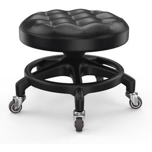 Upgraded Low-Profile Rolling Stool with 360 Smooth Rubber Wheels Heavy-Duty 450lbs, PU Seat & Anti-Tip Base | Ideal for Home, Office, Salon, Workshop, Mechanic, Garage, Black