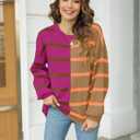 Fisoew Womens Striped Pullover Sweater Crew Neck Long Sleeve Knitted Color Block Casual Loose Lightweight Sweaters for Women (M)