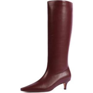 Modatope Knee High Boots for Women Square Toe Kitten Low Heel Tall Boots Faux Leather Fall Boots Side Zipper Long Boot (9, Burgundy Pu)