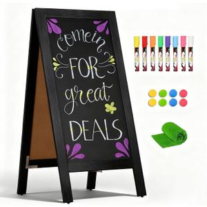 4 THOUGHT A-Frame Double-Sided Magnetic Chalkboard 40"x20", Solid Pine Wood Freestanding Sandwich Board for Restaurants, Cafes, Weddings (Black)