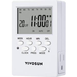 VIVOSUN Digital Timer Outlet 7 Day Programmable Digital Outlet Timer with 2 Independent Outlets 3 Prong, 20 on/Off Programs Groups, Countdown Setting, Indoor for Light Lamp, Fan1Pack