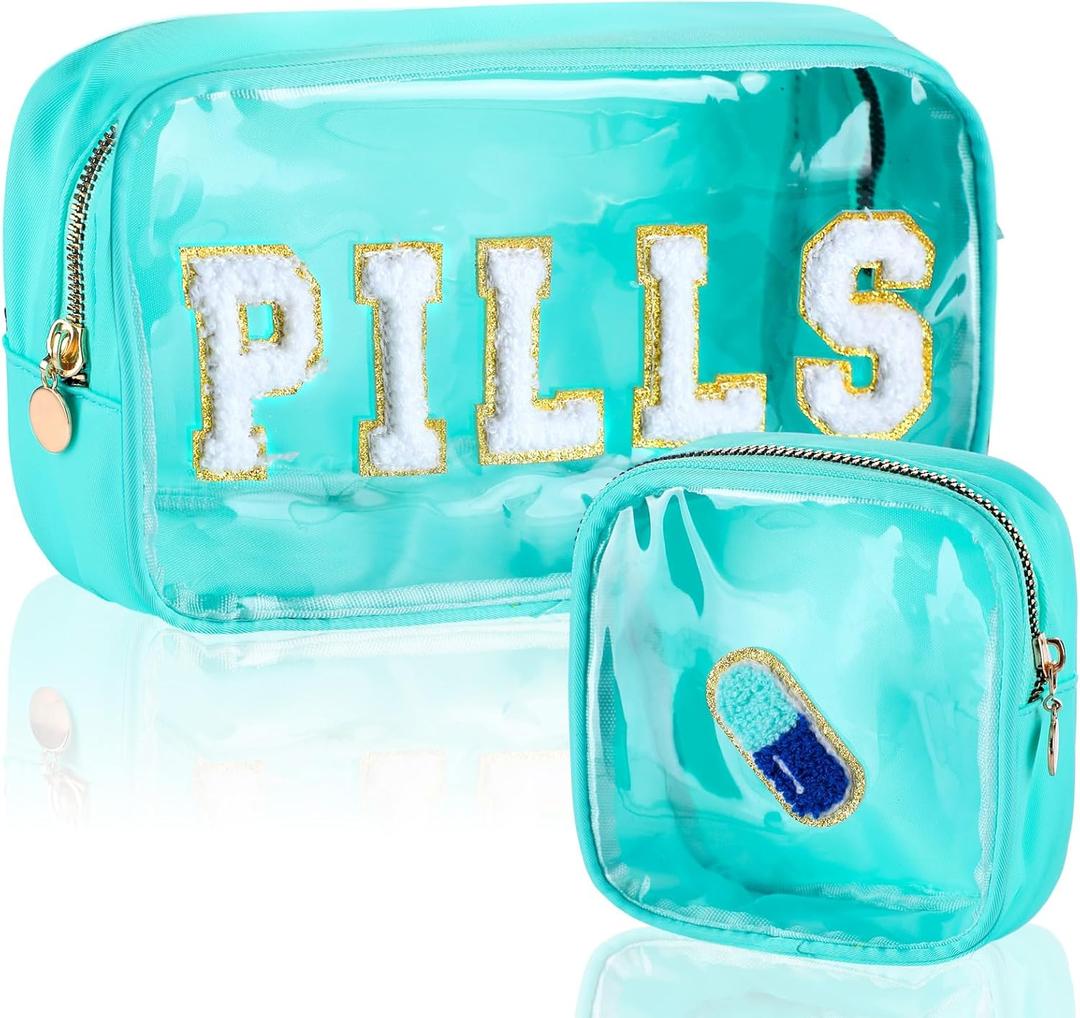 Hillban 2 Pcs Medicine Bag Gifts Chenille Letter Bag Preppy Clear Makeup Meds Nylon Pouch Set PVC Transparent Mini First Aid Christmas Gift for Travel, (Fresh)