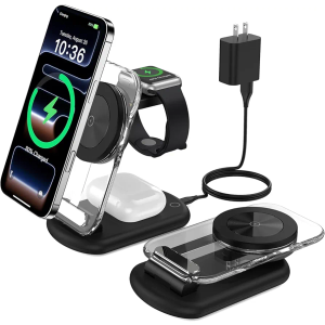 3 in 1 Magnetic Wireless Charging Station for Apple Devices, Fast Foldable Travel Mag-Safe Charger Stand with Night Light for iPhone 17 16 15 14 13 12 Series, Apple Watch/AirPods Pro-Gift for Friends