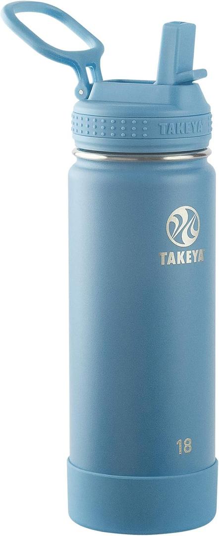 Takeya 18 oz Actives Stainless Steel Water Bottle with Straw Lid Leakproof, Double-Wall Insulated, Keeps Drinks Cold 24 hrs/Hot 12 hrs, BPA-Free, Powder-Coated, Gym & Travel, Bluestone