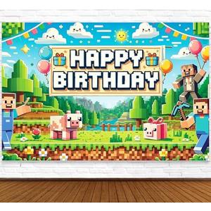 Pixel Backdrop Happy Birthday Banner Boy 6x4ft Miner Bday Sign Villager Gaming Birthday Party Decorations Videogame Themed Banner Video Game Decorations Video Game Backdrop for Boys