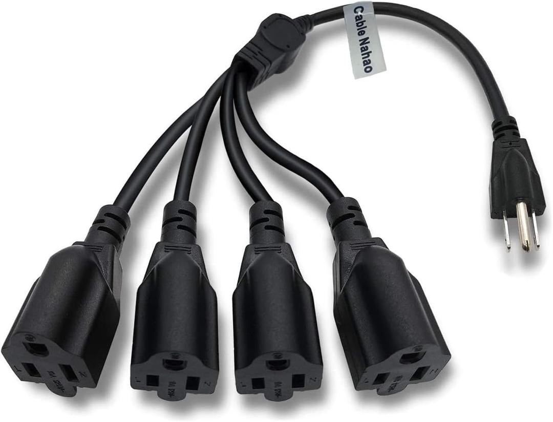 3 Prong 1 to 4 Outlet Power Cord Splitter Cord,Indoor Outdoor Cable Strip Outlet Saver,Power Extension Cable,SJT 16AWG,ETL Approved for Computer, LED Stage Light(20 Inch, Black)
