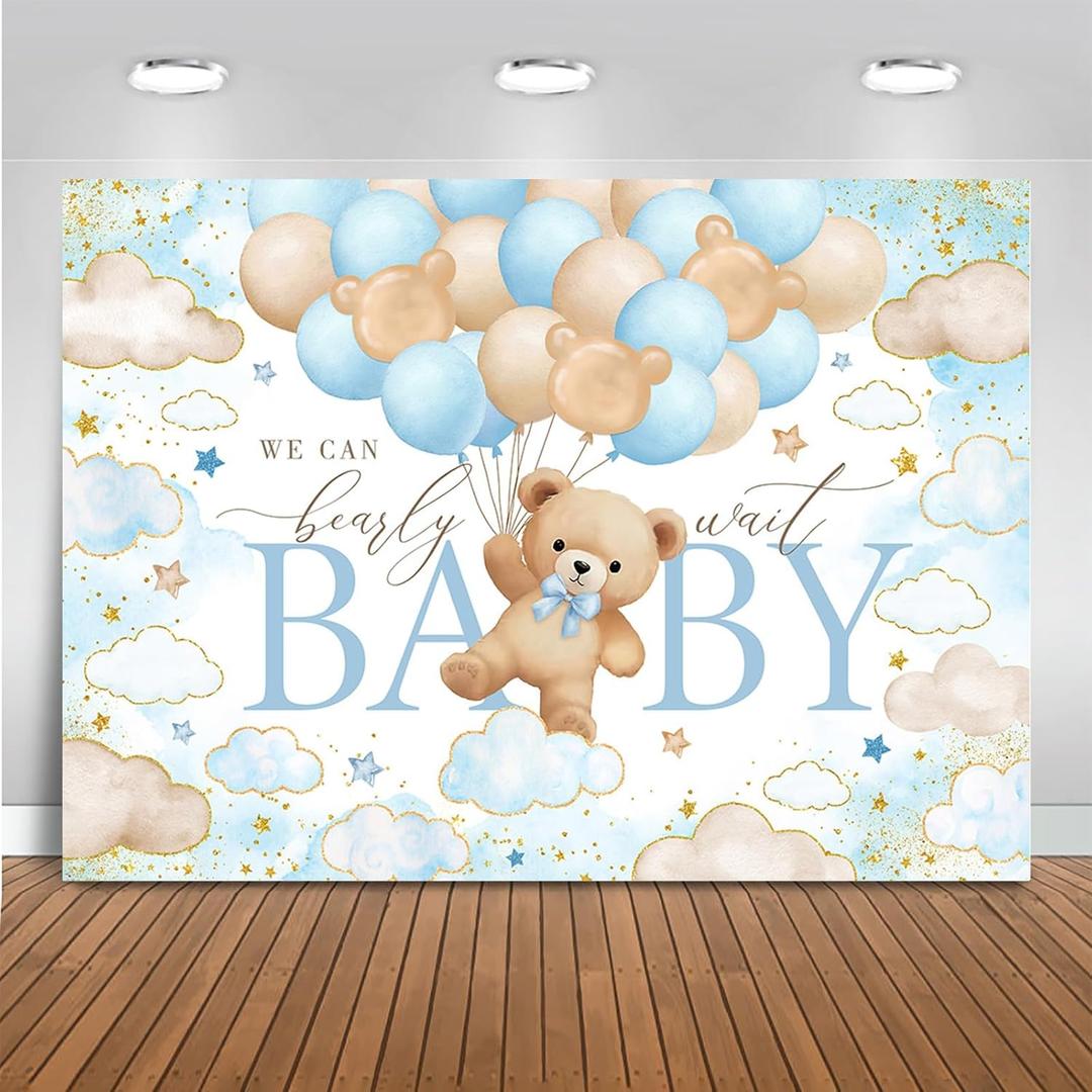 Mocsicka Bear Baby Shower Backdrop We can Bearly Wait for Boys Baby Shower Party Decorations Balloons Stars Clouds Gold Photography Background (Blue, 7x5ft(82"x60"))