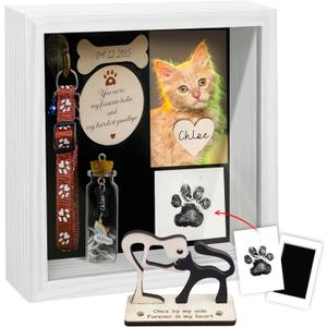 8.6'' Pet Memorial Shadow Box Gift Collar Holder White Picture Frame Paw Print Kit Rainbow Fur Ashes Bottle Pet Wood Sculpture Sympathy Passed Away Dog Cat Gift Tabletop Wall Decor PSD-4TR