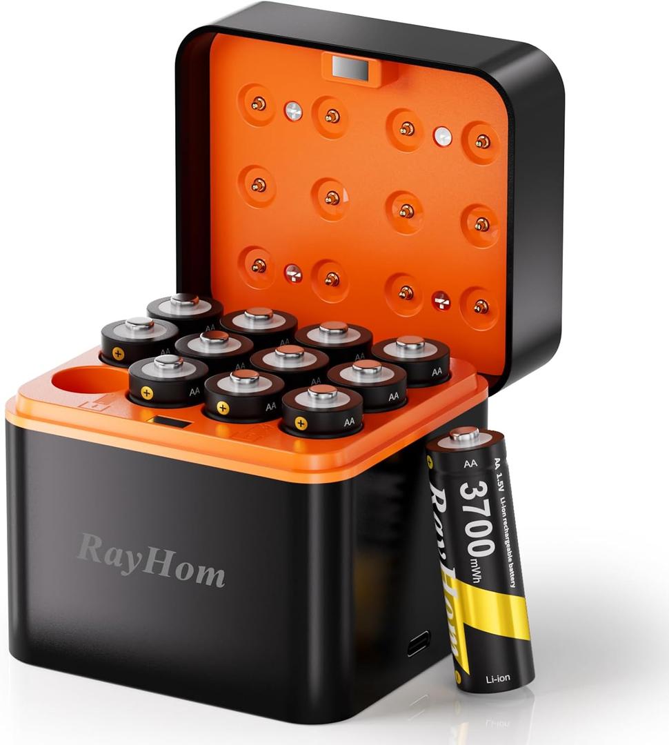 Rechargeable AA Lithium Batteries with Charger-12Pack Double A Batteries for Blink Camera, 1.5V Constant Output 3700mWh High Capacity, Cycle Times Up to 1600, with 12 Slot aa Li-Ion Battery Charger