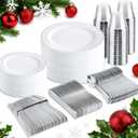 bUCLA 300PCS Silver Disposable Plastic Dinnerware Set - 50 Guests White Silver Disposable Plates Include 50 Dinner Plates,50 Dessert Plates,50 Knives,50 Forks,50 Spoons,50 Cups for Party & Christmas