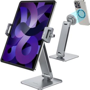 AboveTEK 2-in-1 Phone & iPad Stand, Magnetic iPad Stand with Clamp, Aluminum Tablet Holder for Desk, 360 Rotation, Suction Base, Professional for Office, Fit for Phones & 9.713" Tablets, Gift for Him, Gray