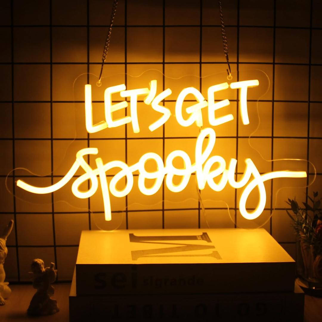 Let's Get Spooky Neon Signs Halloween Neon Sign Yellow Letter LED Neon Light Signs Spooky Neon Wall Sign Quote LED Sign Neon Lights for Wall Bedroom Bar Man Cave Party Halloween Room Decor (Orange)