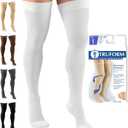 Truform 20-30 mmHg Compression Stockings for Men and Women, Thigh High Length, Dot Top, Closed Toe, White, Small