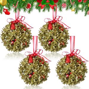 XunYee 4 Pack 5 Inch Christmas Mistletoe Door Kiss Ball Ornament Hanging Decor, Artificial Glitter Kissing Ball Ornament with Bow and Red Berries for Home Christmas Tree Party Decor