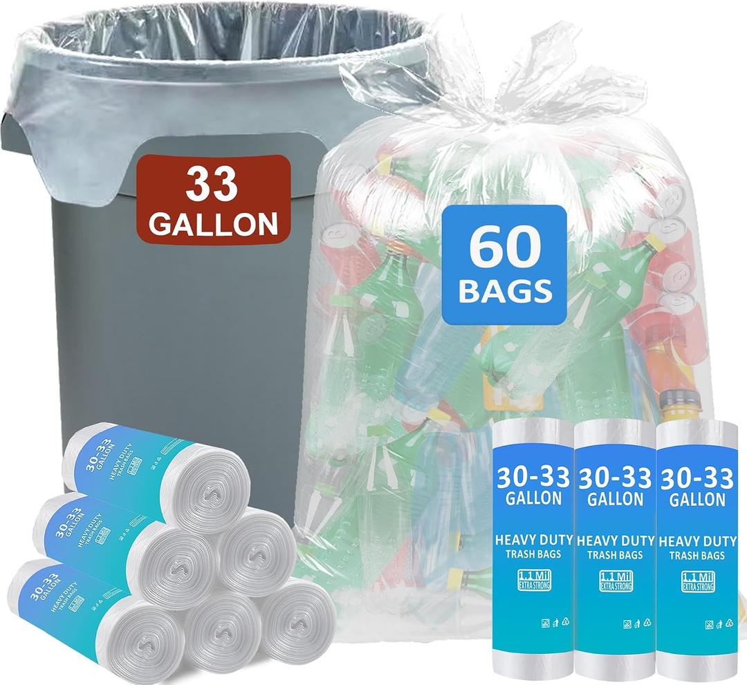 30-33 Gallon 1.1 Mil Clear Trash Bags Heavy Duty 60 Count with 4 Innovative Flap Ties | Compatible with Rubbermaid Brute & Winco & Behrens 30-33 Gallon Round Trash Can | Tear & Leak Resistant