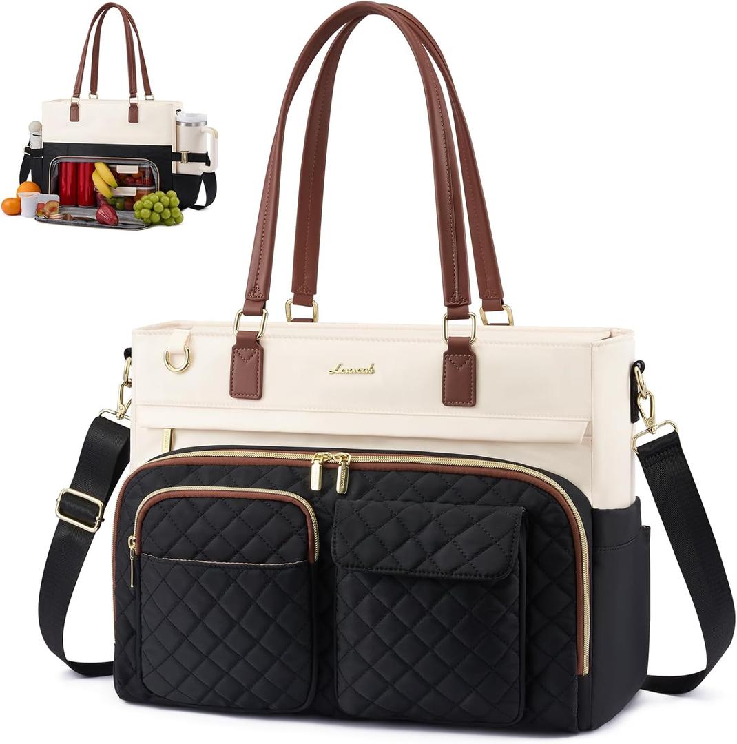 LOVEVOOK Lunch Bag, Tote Bag for Women with Insulated Lunch Compartment, Laptop Bag with Cup Holder, Work Tote for Teacher fit 17.3 Inch Laptop, Nurse Tote with Large Capacity, Black-Beige-Brown