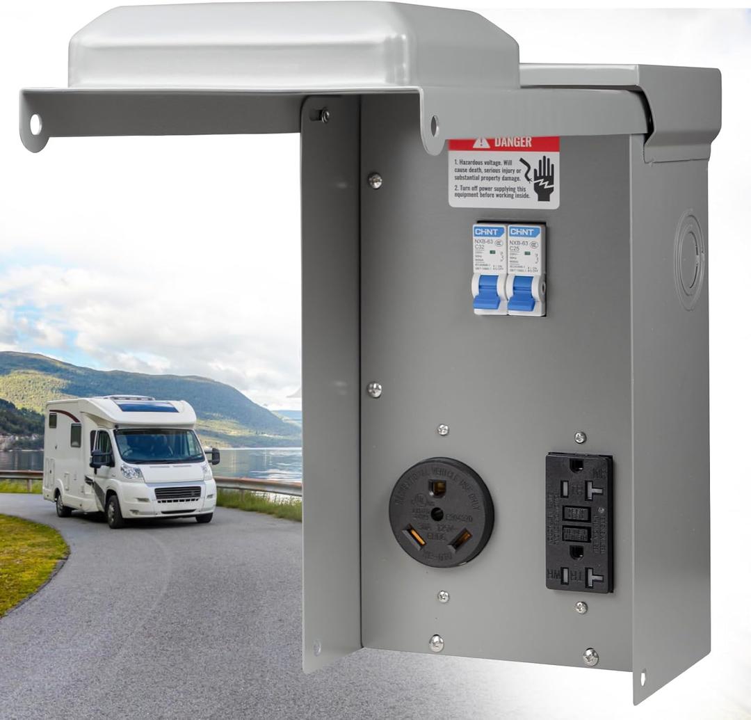 30 Amp RV Outlet Box, RV Electrical Panel with UL Listed 30 amp+GFCI 20 amp Receptacle Installed, Temporary Power Outlet Panel Prewired Unmetered, Weatherproof