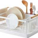 Yamazaki Home Dish Rack with Removeable Drainer Tray, Kitchen Counter Dish Drying Organizer Holder Steel + Wood One Size White