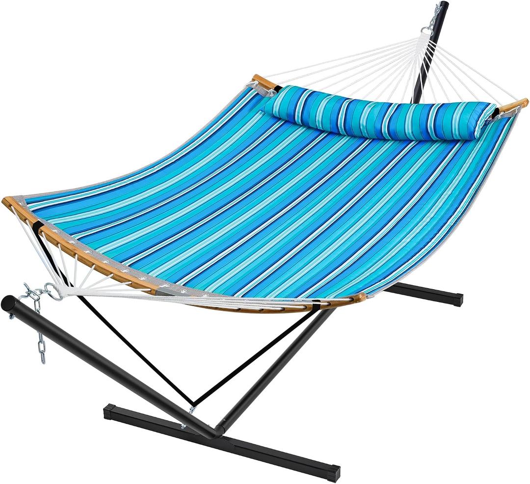 SUPERJARE Hammock with Stand, 2 Person Heavy Duty Hammock with Padded Cotton, Detachable Pillow & Strong Curved-Bar & Portable Carrying Bag, Perfect for Outdoor & Indoor, Aqua Blue