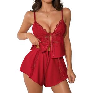 Kolagri Womens Sexy Front Tie Pajamas Lingerie Set High Waist Sleepwear Lace Ruffle V Neck Cami Shorts Nightwear Medium