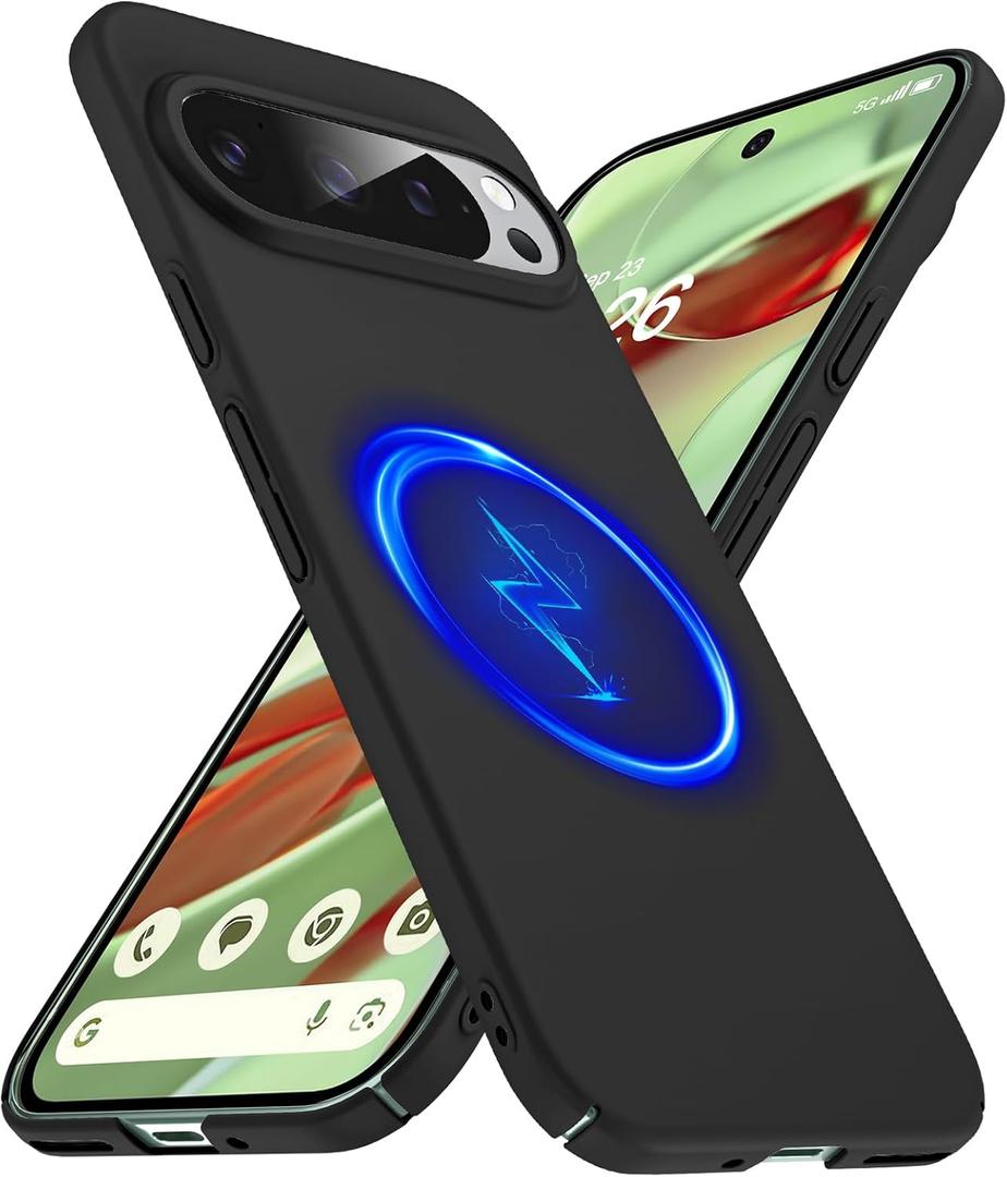 Magnetic Slim Case Fit for Google Pixel 9 Pro/9(2024)[Compatible with Magsafe] Ultra-Thin Lightweight Durable Minimalist Matte Hard Cover Case Shockproof Non Slip Ring-Black