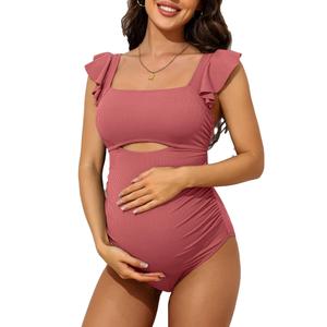 Charmo Ruffle Maternity Bathing Suits for Women Ribbed Tie Knot Maternity Swimsuit Cutout Ruched Pregnancy Swimwear, M