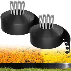 MIXC Garden Edging Border, 200FT (100FT 2Pack) 2 Inch Tall Plastic Landscape Edging with 300 U-Shaped Metal Stakes, More Stable and Flexible Tool-Free Lawn Border for Yard, Flower Bed & Landscaping