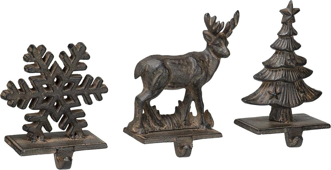 Red Co Set of 3 Snowflake, Reindeer & Christmas Tree Decorative Cast Iron Stocking Holders in Old Bronze Finish
