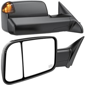 Smoked Power Heated Tow Mirrors Compatible with 2009-2018 Dodge Ram 1500, 2010-2018 2500 3500, 2019-2024 Ram 1500 Classic Flip Up Extended Trailer Towing Side Mirrors with Puddle Light, Black Housing