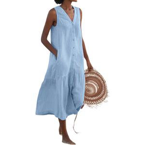 chouyatou Women's Summer Sleeveless Button Down Cotton Tank Dress Loose A-Line Tiered Tunic Beach Dress (X-Large, Light Blue)