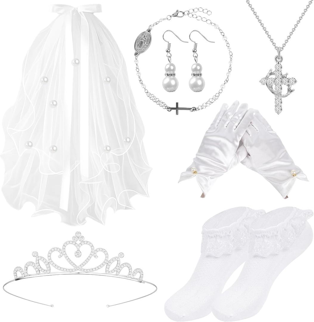 First Communion Veil Set - 1st Communion Headpiece Set for Girls, Holy Catholic Baptism Dress Up Accessories (White)