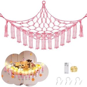 CERETIA Stuffed Animal Hammock with LED Light, Large Stuffed Animals Storage Corner Plushie Net for Kids Room Decor, Pink