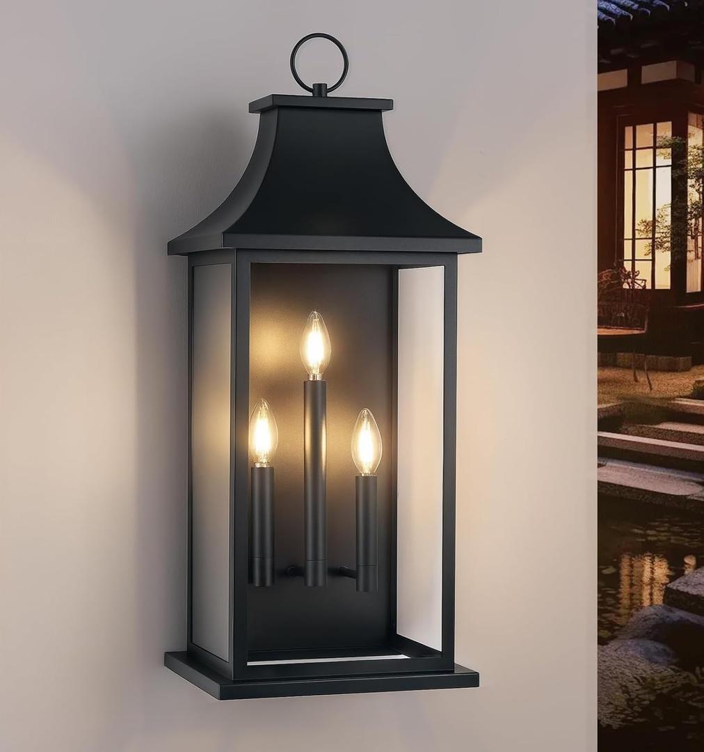 tewei 28'' Large Outdoor Wall Light, Porch Light Outdoor Wall Sconce Lantern, 3-Light Black Exterior Lighting Fixture Wall Mount, Outside Light for House Garage, 1-Pack