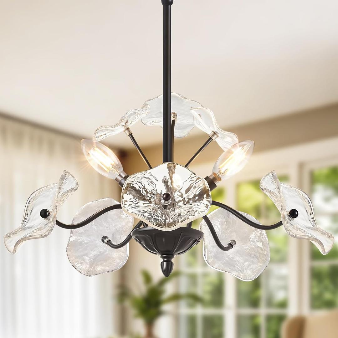 Black Chandelier,Vintage Flower Glass Pendant Light Fixture, 16.25 in x 17.75 in