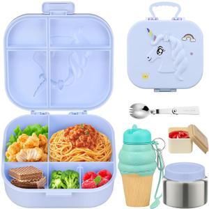 Aimsnk Kids Lunch Box Set -12oz Insulated Food Jar, Thermal Bag,Leakproof Lunch Food Containers Cutlery (BPA Free)-Gift for Girls/Boys Age 3-10(Blue)
